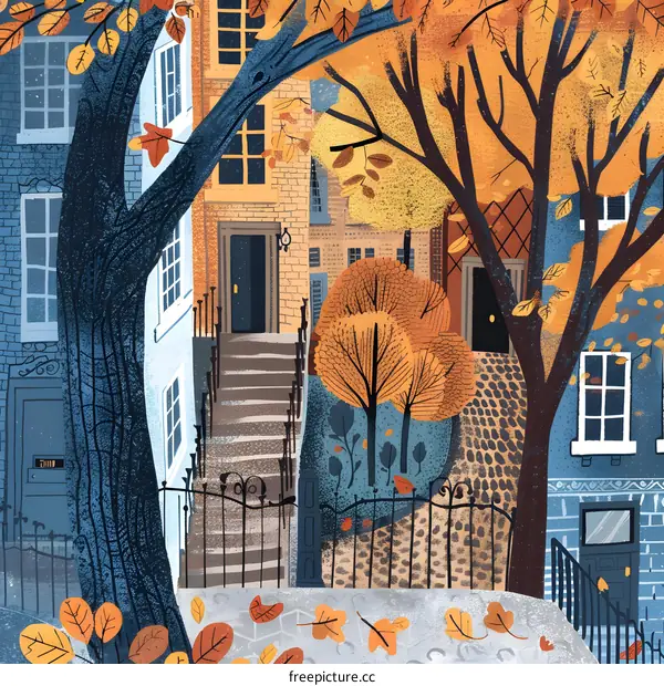 Autumn Leaves Fall on a Sidewalk in Front of a Brick Building