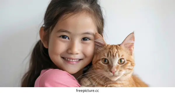 Little Girl Hugging a Cute Orange Cat