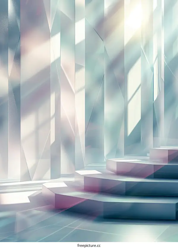 Blue and white geometric shapes in an empty room with a staircase