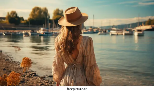 A woman wearing a hat standing by the lake and looking at the boats