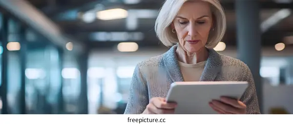 Senior Woman Uses Digital Tablet In Office