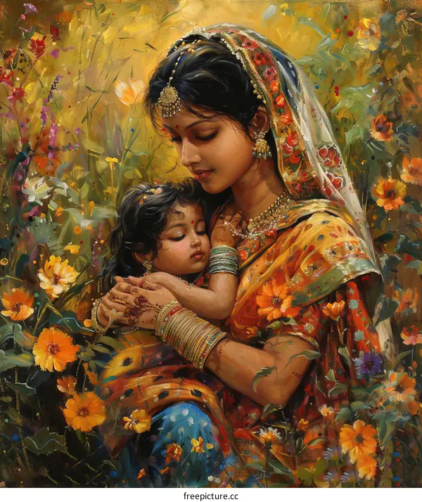 Indian Mother and Child Painting