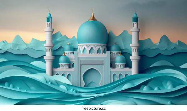 Blue Mosque with white minarets and blue domes in front of a mountain range