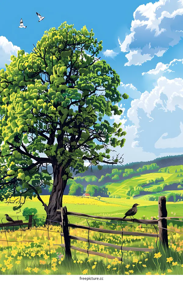 Spring Landscape with Birds and a Wooden Fence