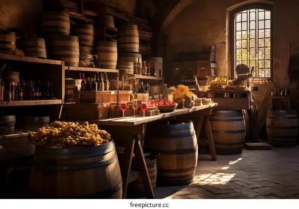 Wine Cellar with Barrels and Bottles