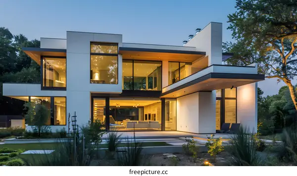 Modern White House with Large Windows and a Wooden Canopy