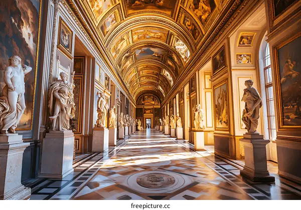 Statues and Paintings in a Long Hallway of an Italian Museum
