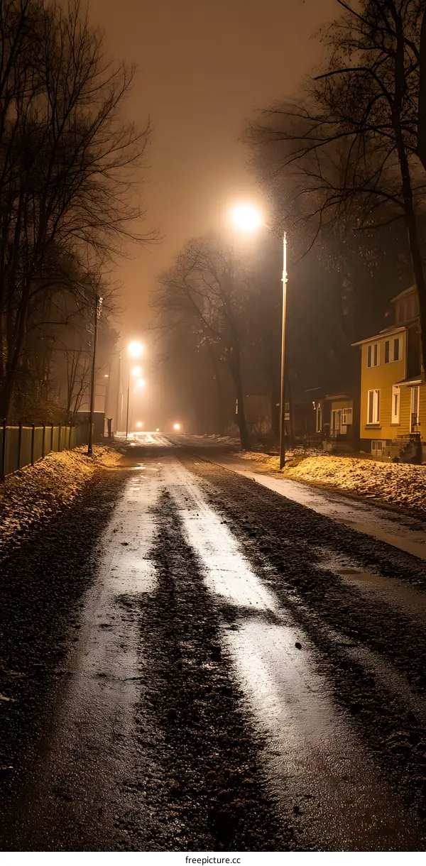 Empty Street in Fog at Night