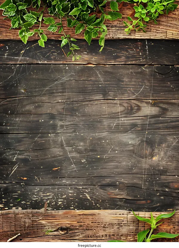 Dark Brown Wooden Background with Green Leaves