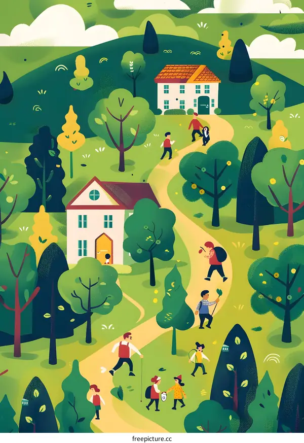Colorful Illustration of People Walking Through a Green Forest