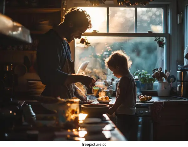 Father and daughter cooking together in the kitchen