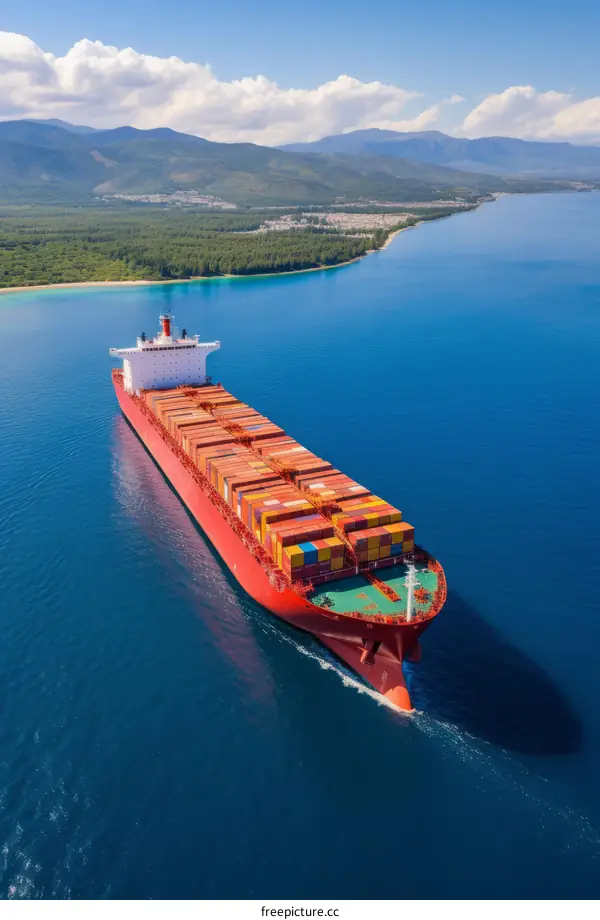 Colossal scarlet container vessel plies the ocean