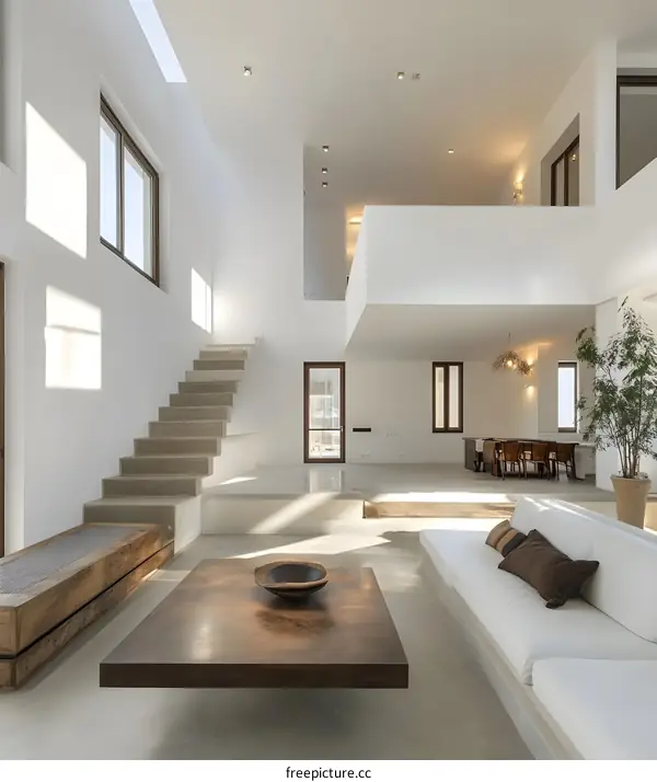 Modern Minimalist Interior Design with Concrete Stairs and Wooden Coffee Table