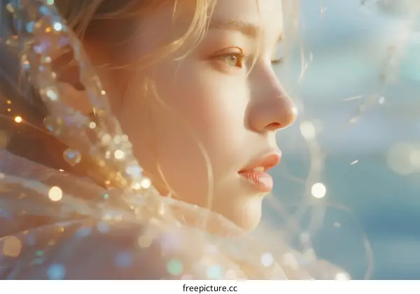 Young Woman with Blond Hair and Glittery Accessory in Soft Light