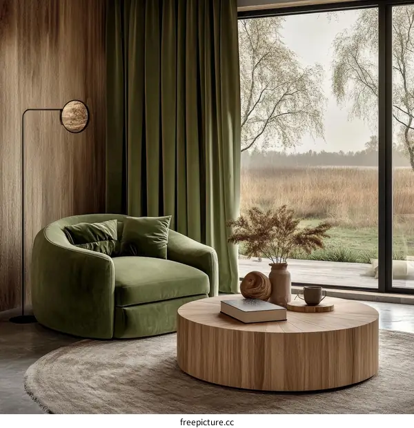 Modern Living Room with Olive Green Sofa and Wooden Coffee Table