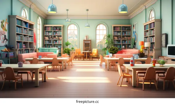 Spacious modern library interior with large windows and rows of bookshelves