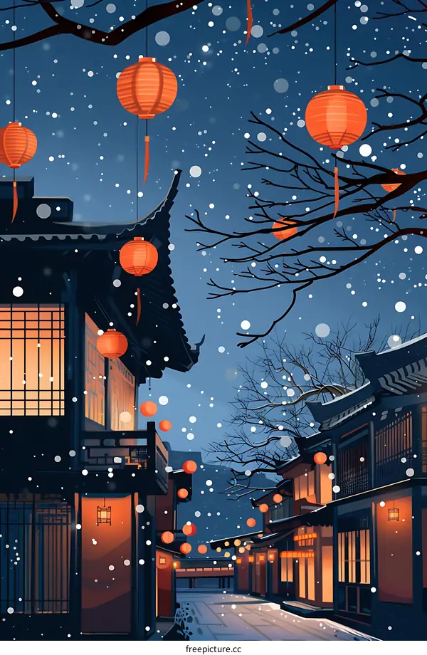 Snowy Night in Chinese Village with Red Lanterns