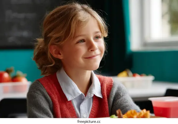 Caucasian Girl Enjoying Lunch in School Cafeteria