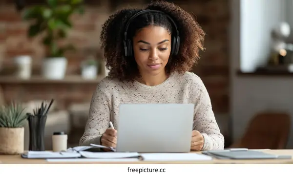Focused Black Woman Studying on Laptop