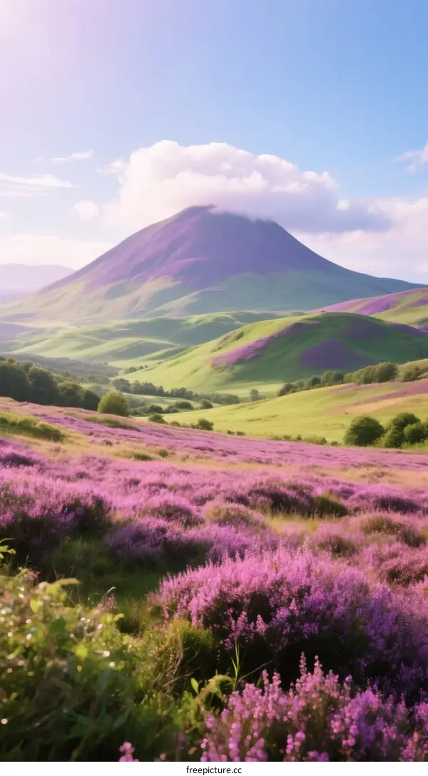 Lush purple heather fields under a clear blue sky with rolling green hills