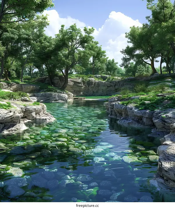 Green Trees and Crystal Clear Water in a Serene Landscape