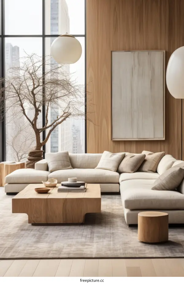 Airy living room with large windows and a tree in the corner