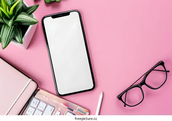 Pink Background With Phone, Pencil, Glasses, Plant And Keyboard