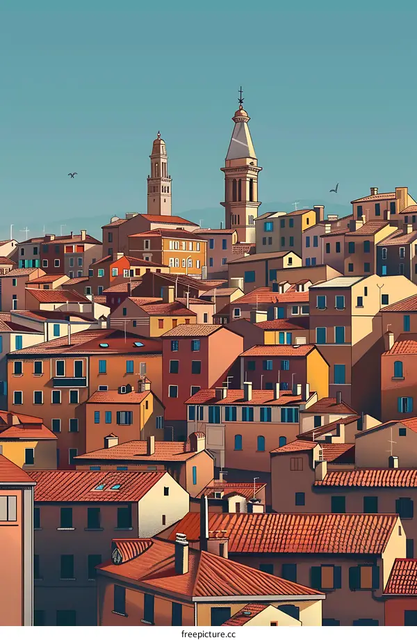 Charming Italian Town Illustration With Red Rooftops