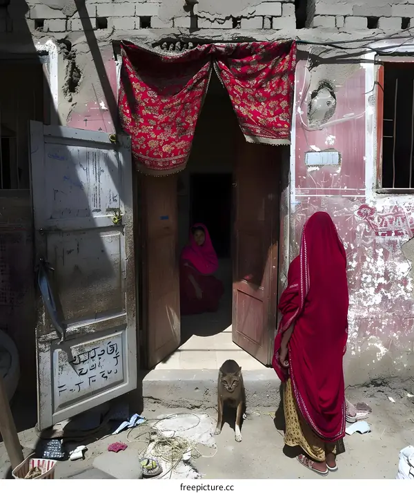 Two Women in Red Burqas Stand Outside a Doorway in a Street in Pakistan