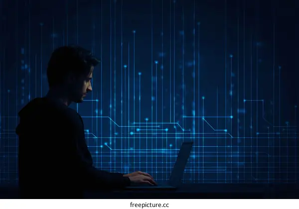 Man Using Laptop with Digital Circuit Background