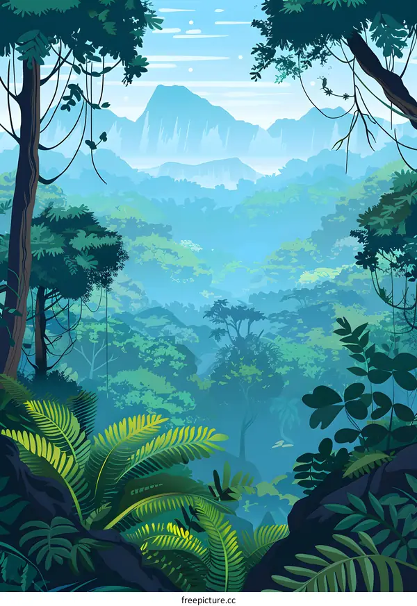 Jungle Landscape Illustration With Lush Green Foliage And Mountain Background