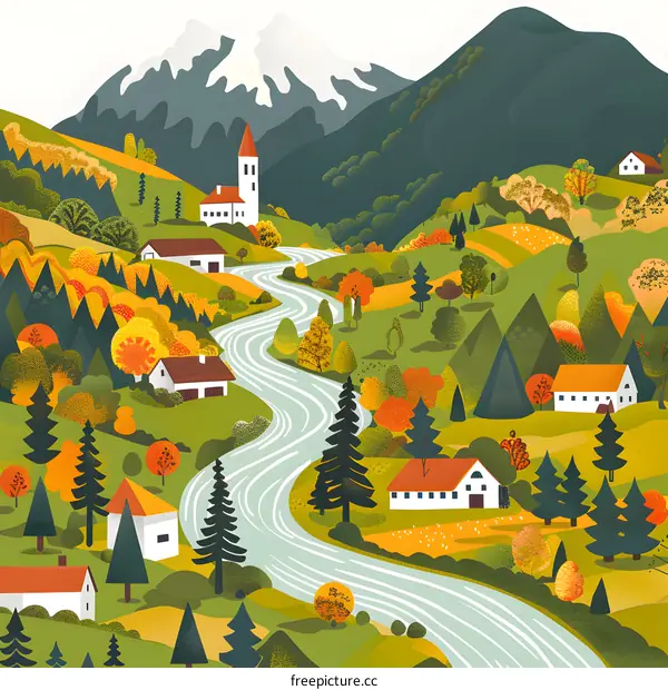 Autumn Landscape with River and Mountains