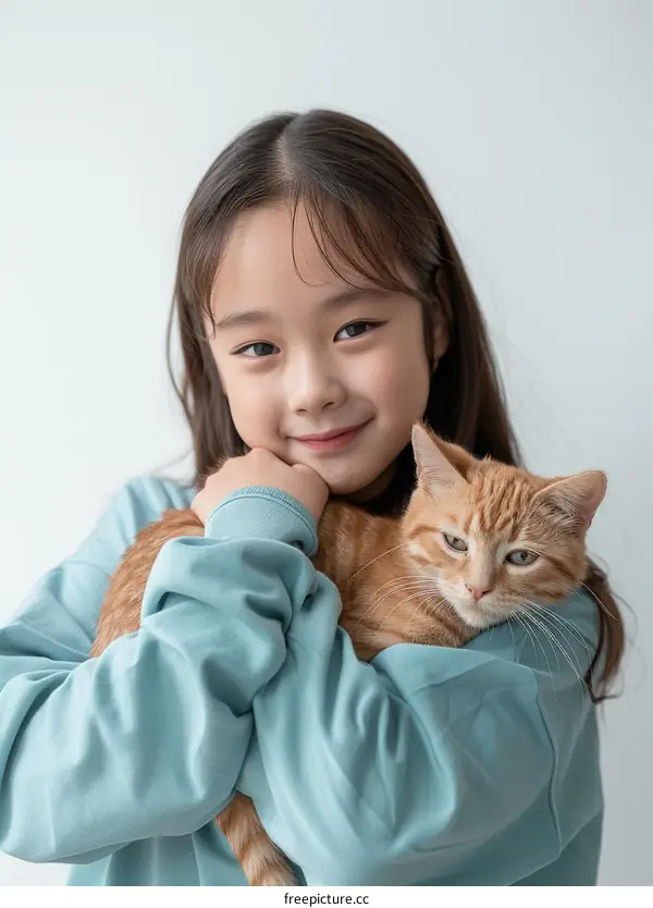 A young girl is hugging an orange cat