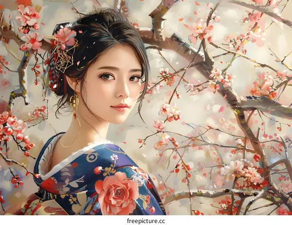 Beautiful Asian Woman in Kimono with Cherry Blossoms