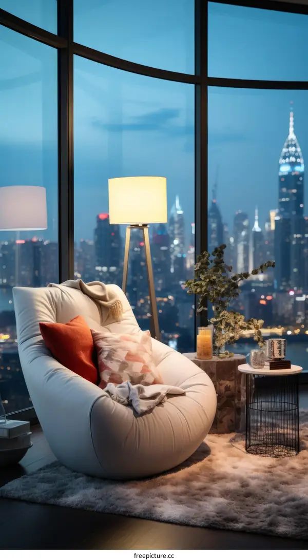 Modern living room interior with big windows and city view