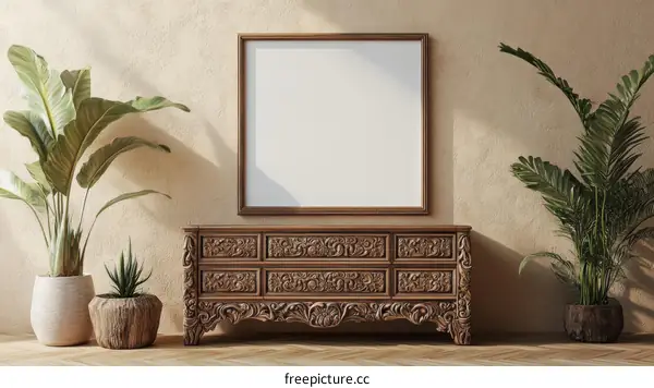 Elegant Wooden Furniture Display with Blank Picture Frame
