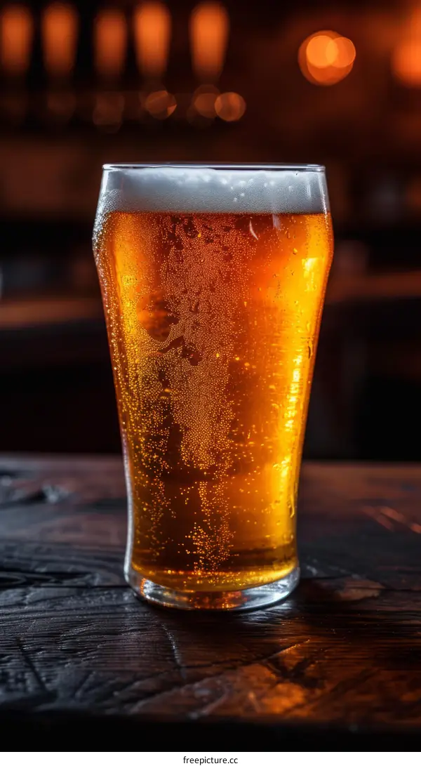 A close-up image of a glass of beer on a wooden table with a blurred background
