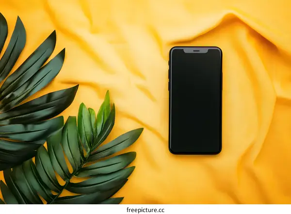 Black Smartphone on Yellow Fabric with Green Leaves