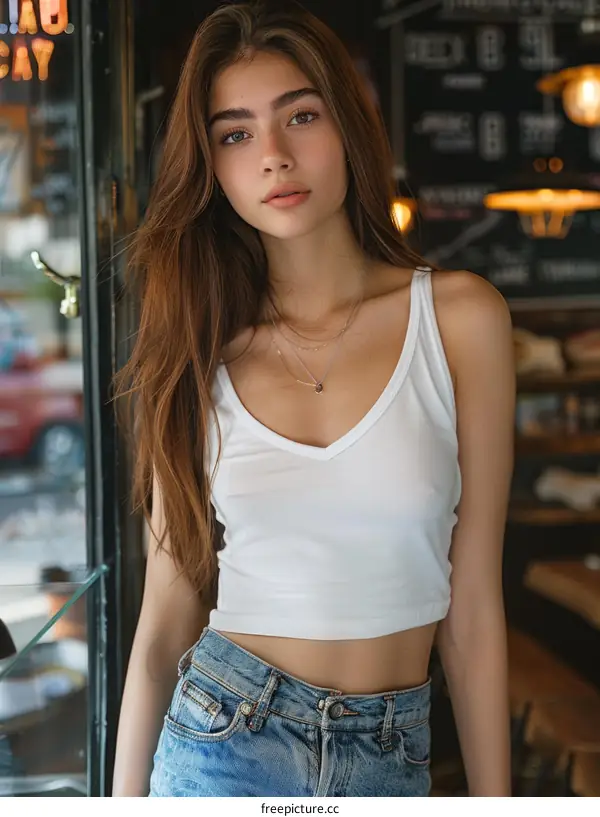 portrait of a beautiful young woman standing in front of a glass door