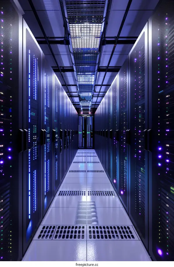 Server Room Corridor with Racks and Lights