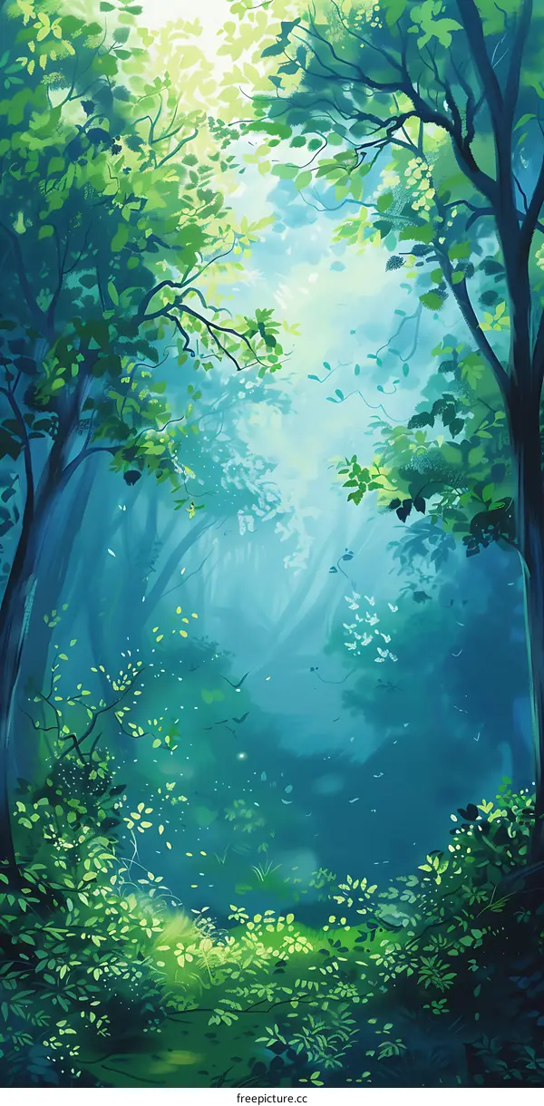 Beautiful Green Forest Illustration With Sunbeams Shining Through The Trees