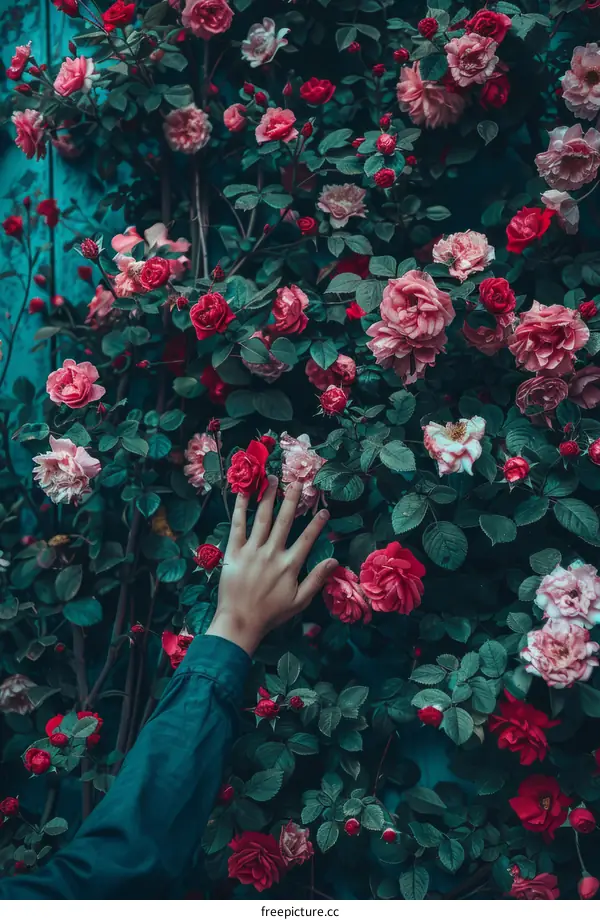 A hand touching a wall of pink and red roses