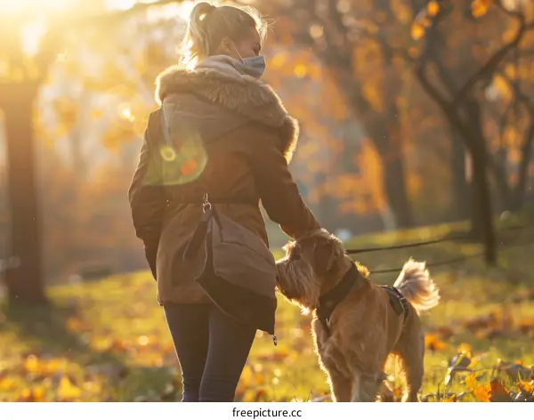 Woman walking her dog in the park on an autumn day