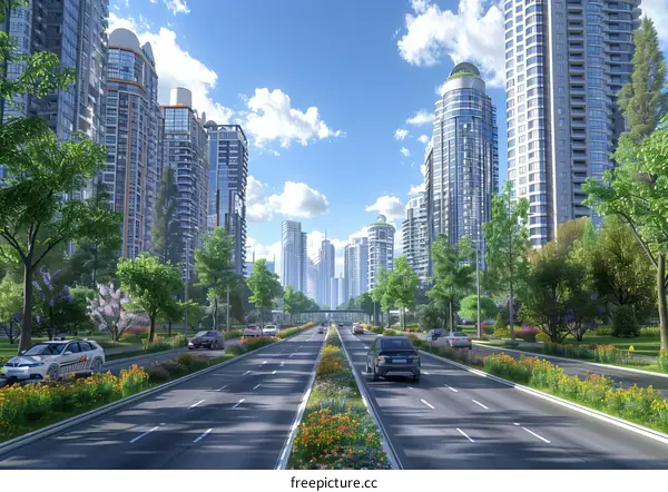 Modern Cityscape with Lush Green Spaces