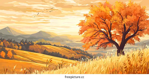 Autumn Landscape with Orange Tree and Golden Hills