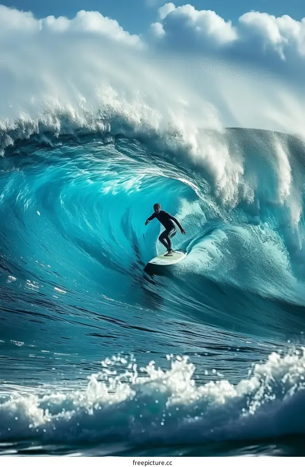 Surfer rides a huge wave