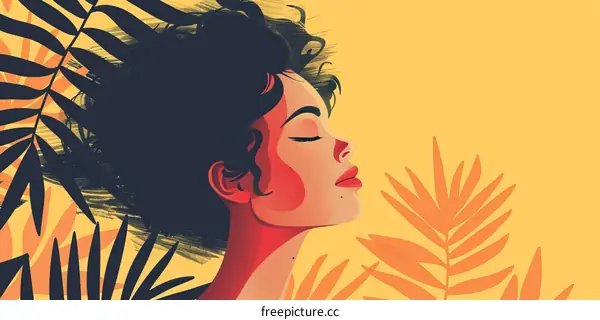 A relaxed woman with closed eyes and dark hair against a yellow background