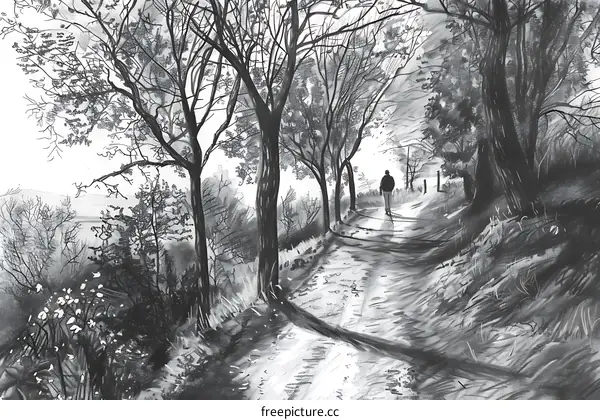 Pencil Drawing of a Person Walking on a Path Through Trees