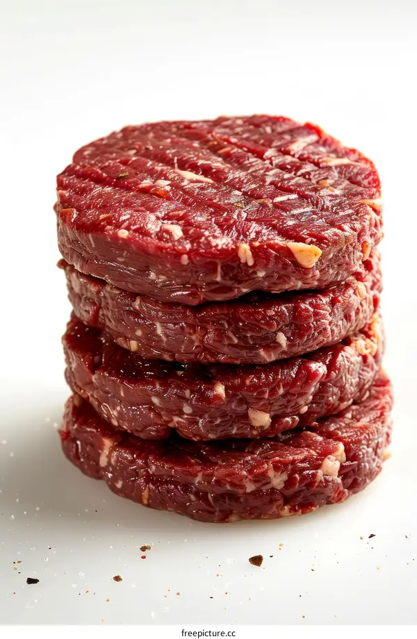 Four raw hamburger patties stacked on a white surface