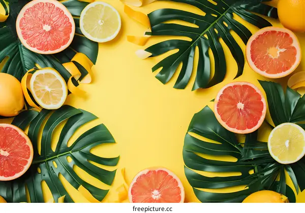 Summer Tropical Fruits and Green Leaves on Yellow Background